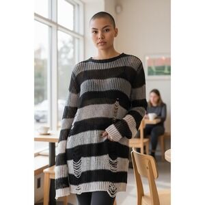 Killstar Grady Distressed Knit Black Striped Sweater Womens L Goth Punk Grunge
